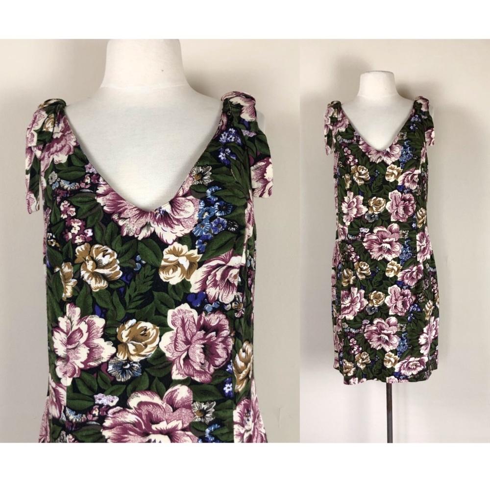 vintage 90s bow sleeve mini dress black floral sheath shift grunge boho hippie